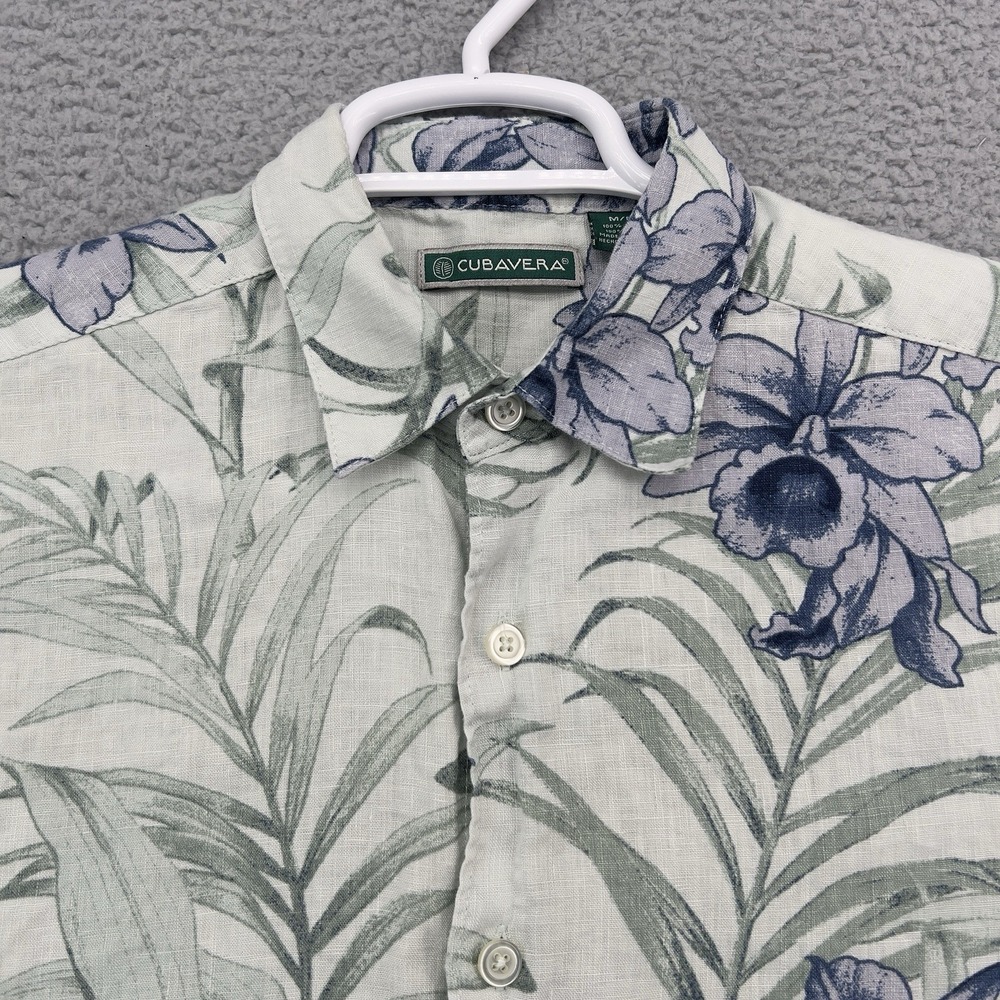 Cubavera Hawaiian Camp Shirt Mens Medium Blue Floral 100% Linen Tropical Aloha - Picture 2 of 9